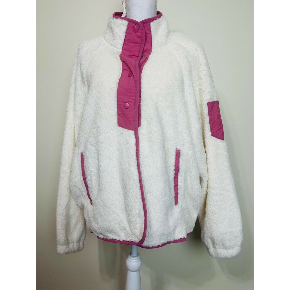 WVVY‎ Faux Sherpa Snap Front Jacket Soft Long Sleeve Off-white Pink,Size 1X